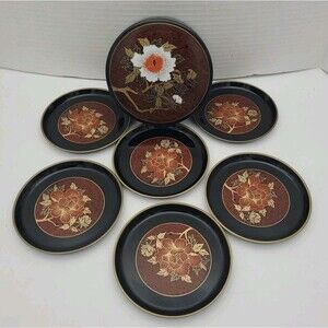 Japanese Black Lacquer Ware Trinket Box 6 Round Coasters Floral Vintage